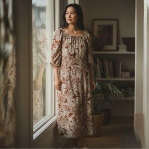 Cream Maxi dress with Scoop Neck and Bishop Sleeves